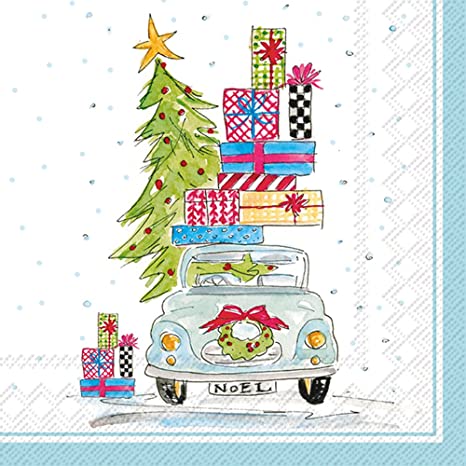 Vintage Christmas Car Cocktail Napkin (Set of 2)
