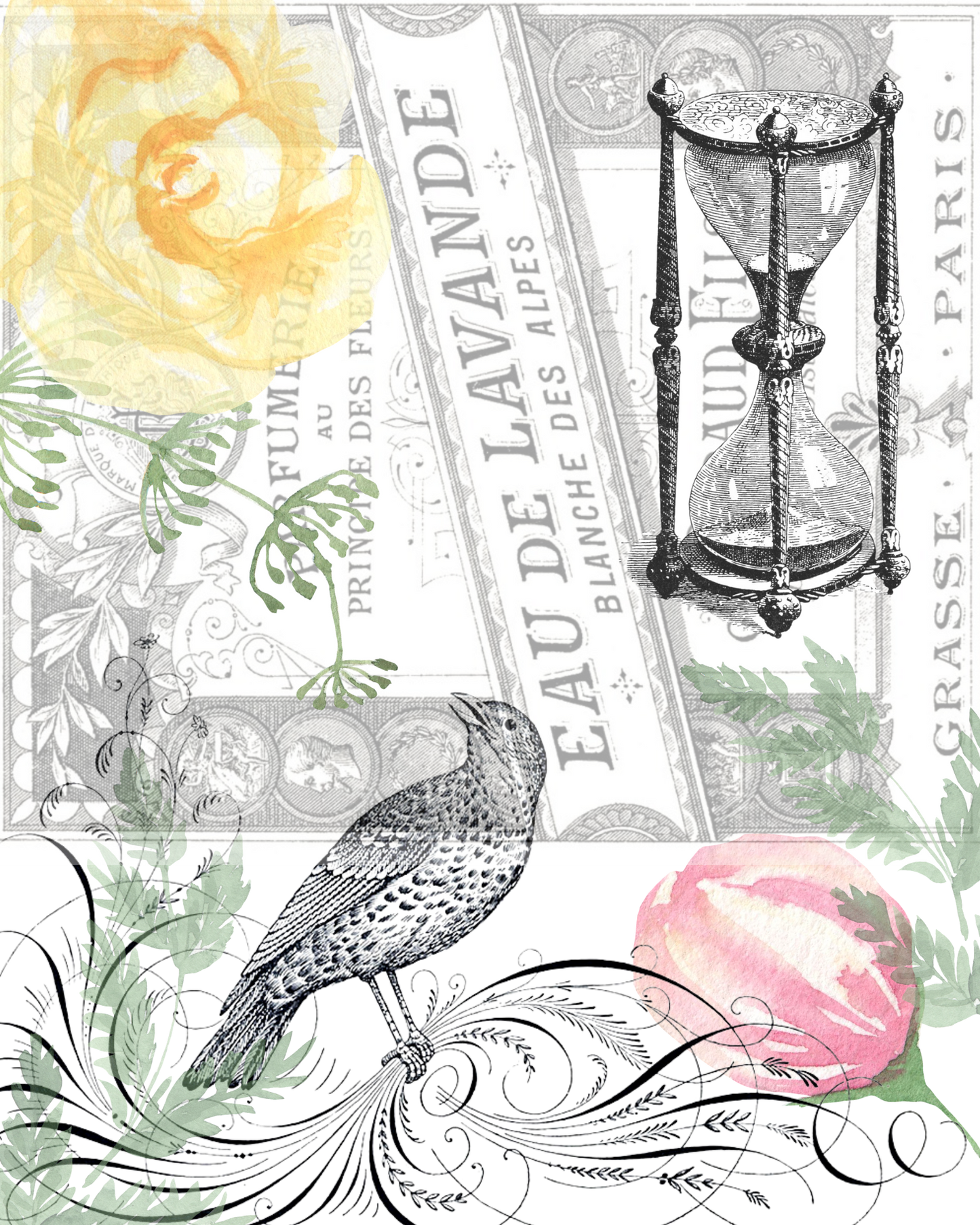Vintage Bird, Yellow Floral and Sand Time Collage Printable 8X10"