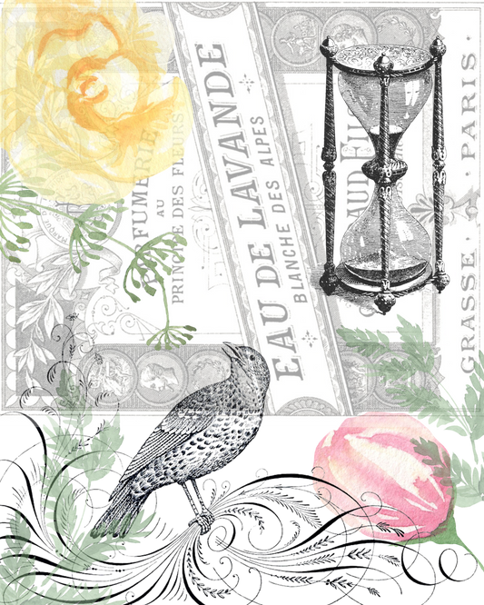 Vintage Bird, Yellow Floral and Sand Time Collage Printable 8X10"