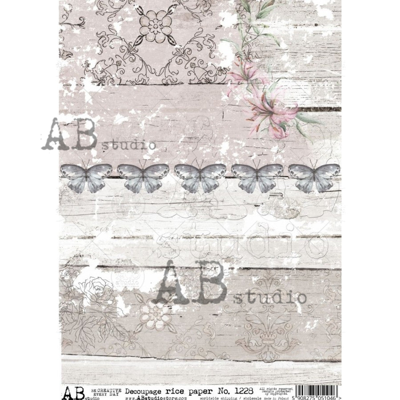AB Studio Rice Paper A4 Wood Grain & Butterflies #1228