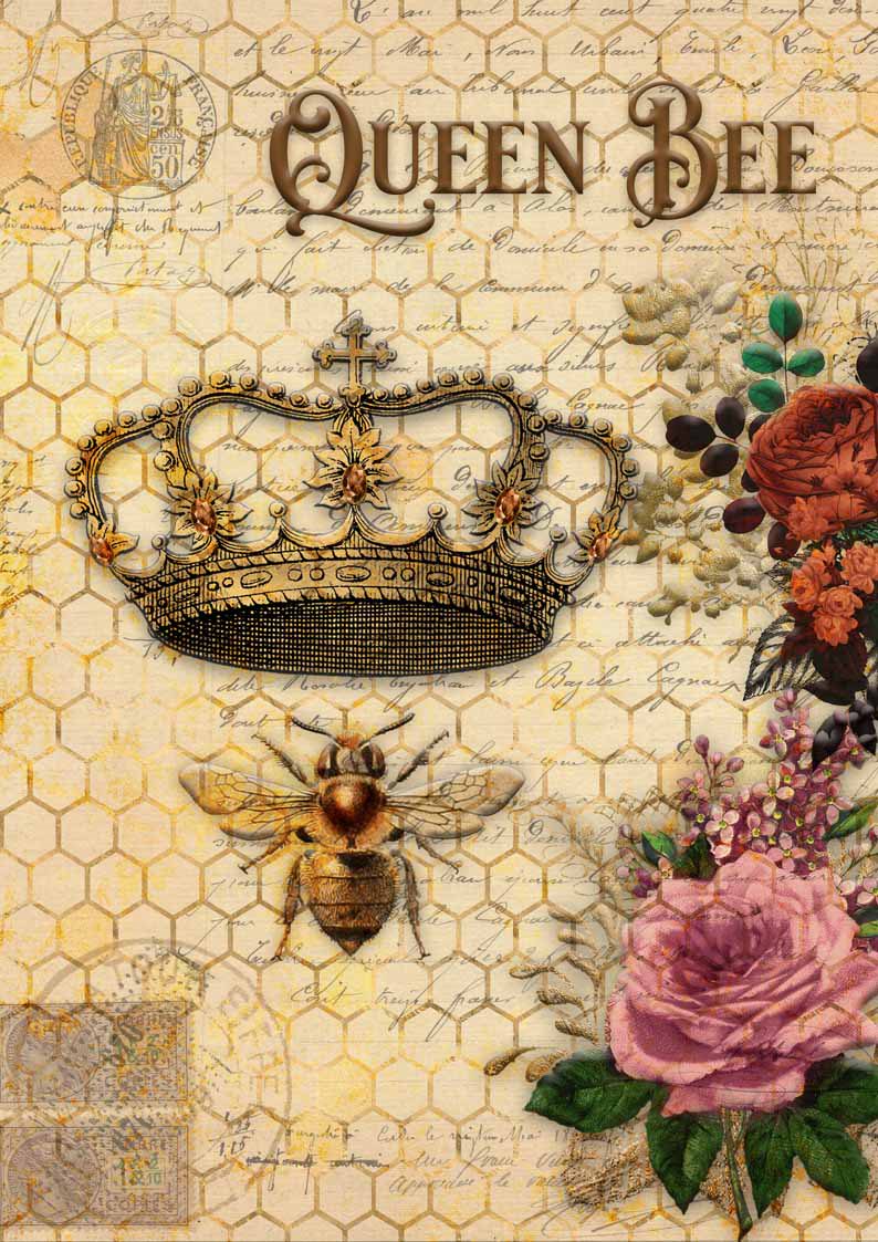 Decoupage Queen Bee & Roses with Honeycomb #0006